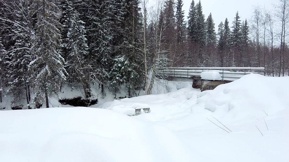Ejforsen i snöskrud med en bro längst bort i bilden