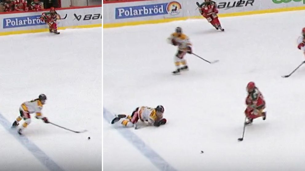 En delad bild som visar två sekvenser från en ishockeymatch. I den vänstra sidan ser vi en spelare i vita kläder som passerar pucken över isen, och i den högra sidan har samma spelare fallit medan motståndare i röda kläder åker förbi med pucken. Bakgrunden visar reklam för Polarbröd.