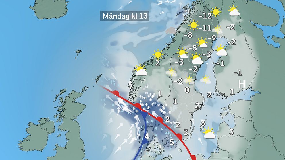 Väderkarta över Norden för måndag klockan 13, med snöväder i söder och soligt i norr.