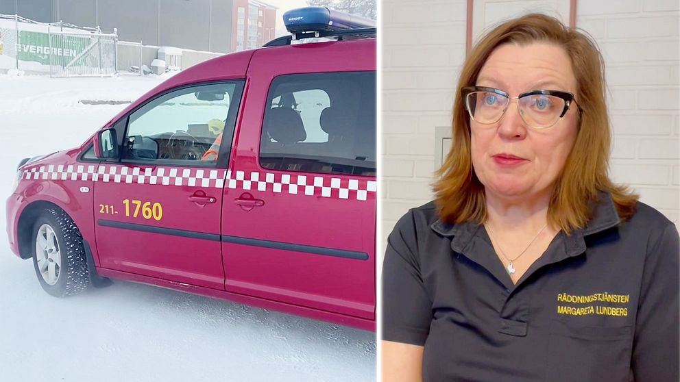 En räddningsbil och Margareta Lundberg, säkerhetssamordnare.