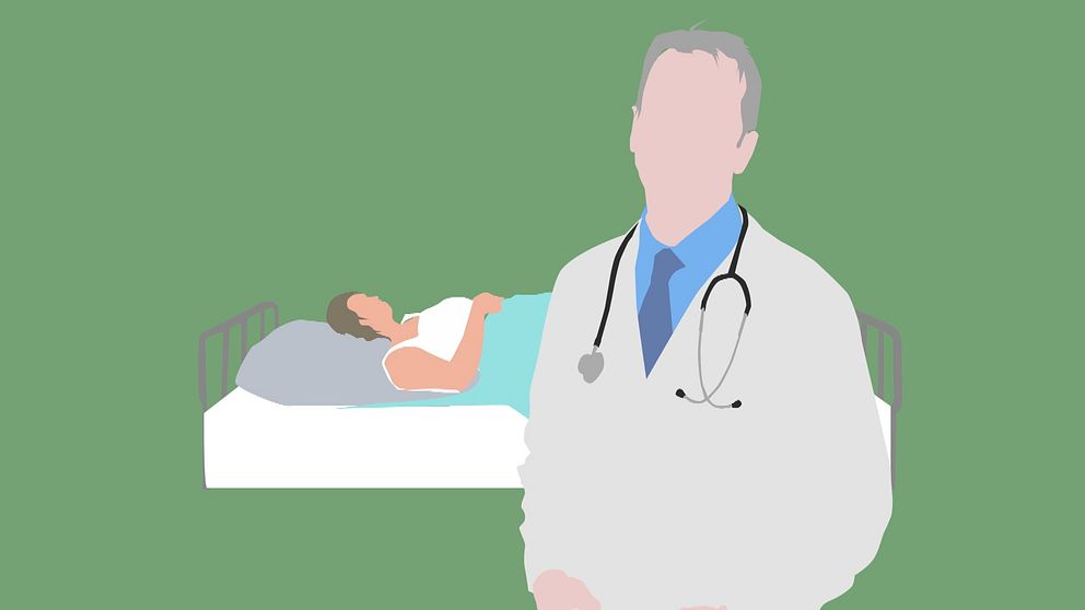 En tecknad bild av en läkare som står framför en patientsäng.