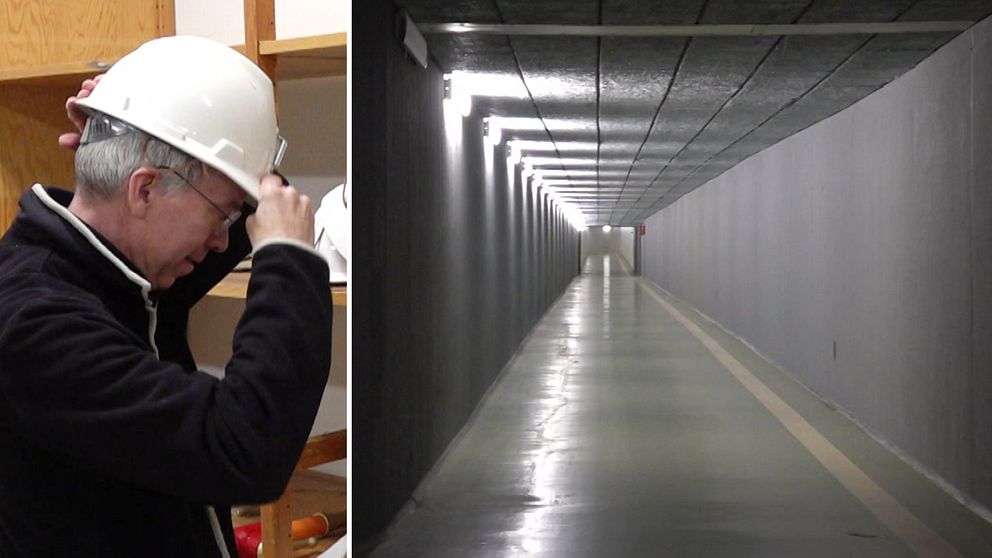 SVT:s Mattias Persson Suorra tar på sig en skyddshjälm och till vänster en lång och bred korridor källaren på Kalix sjukhus.