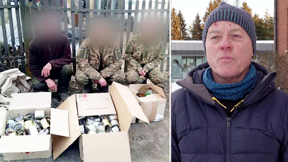 Bild på soldater i Ukraina framför kartonger med ljusstumpar samt en bild på Mats Eliasson, Luleå.