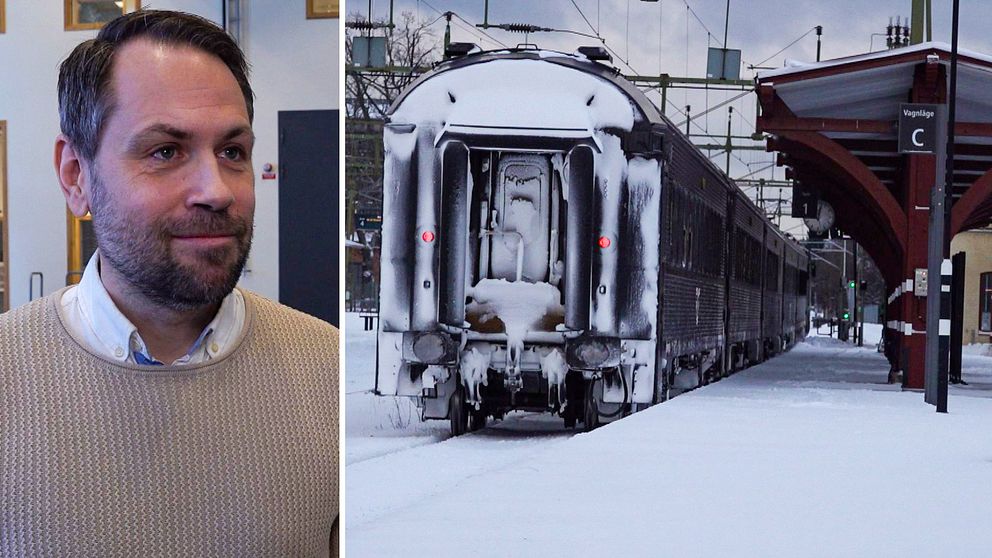 Splitbild med Fredrik Mogren till vänster och ett sböigt tåg vid en perrong till höger