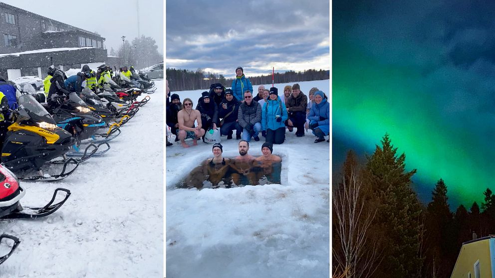 Skotrar uppställda på rad i Sollefteå. Personer som badar isvak och ett grönt norrsken på himlen.