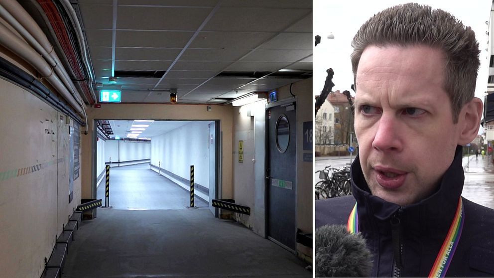 En delad bild som visar två sektioner. Den vänstra sektionen visar en lång, smal korridor med en ljus takbelysning och öppning i slutet, omgiven av väggar i ljusa färger. Den högra sektionen visar en person som står framför en stadsmiljö, klädd i en mörk jacka med en medalj i regnbågsfärger hängande om halsen.