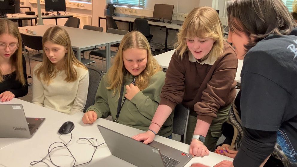 Fem elever tittar på en datorskärm