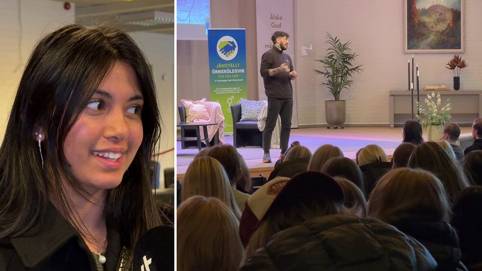 Atilla Yoldaș står på scenen framför gymnasieelever när han föreläser om machokultur.