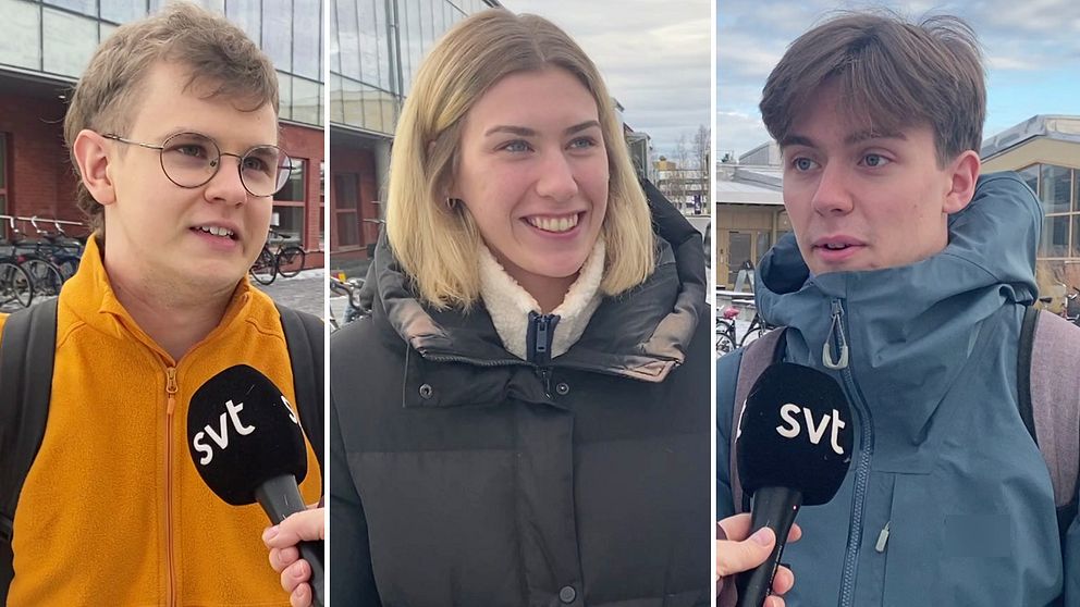 Tre personer intervjuas utomhus, klädda i vårjackor. Den första personen bär en orange tröja, den andra en svart jacka med en vit krage, och den tredje en grå jacka. Samtliga håller mikrofoner med SVT:s logotyp. I bakgrunden syns cyklar och byggnader under en klar himmel.