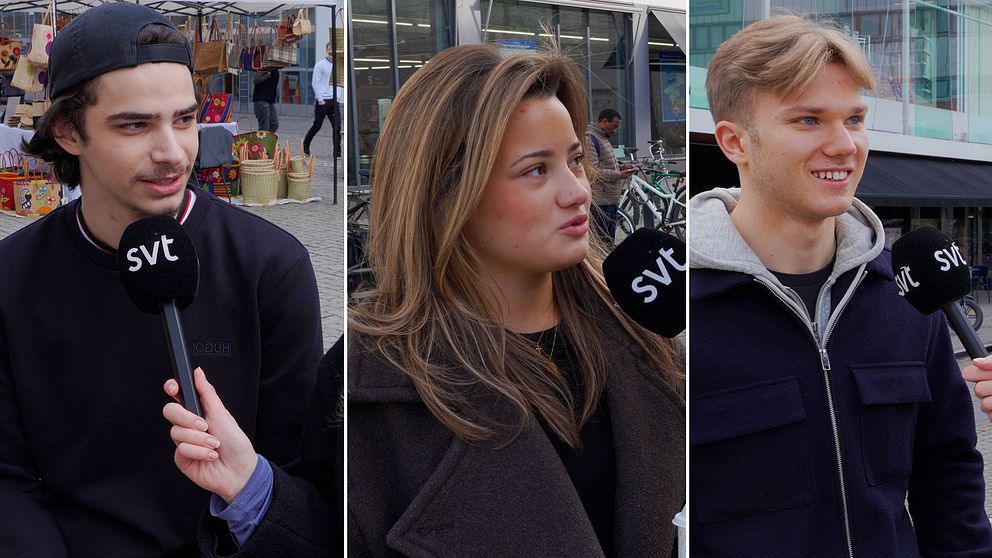Tredelad bild. Tre personer intervjuas av SVT-mikrofoner på olika platser utomhus.