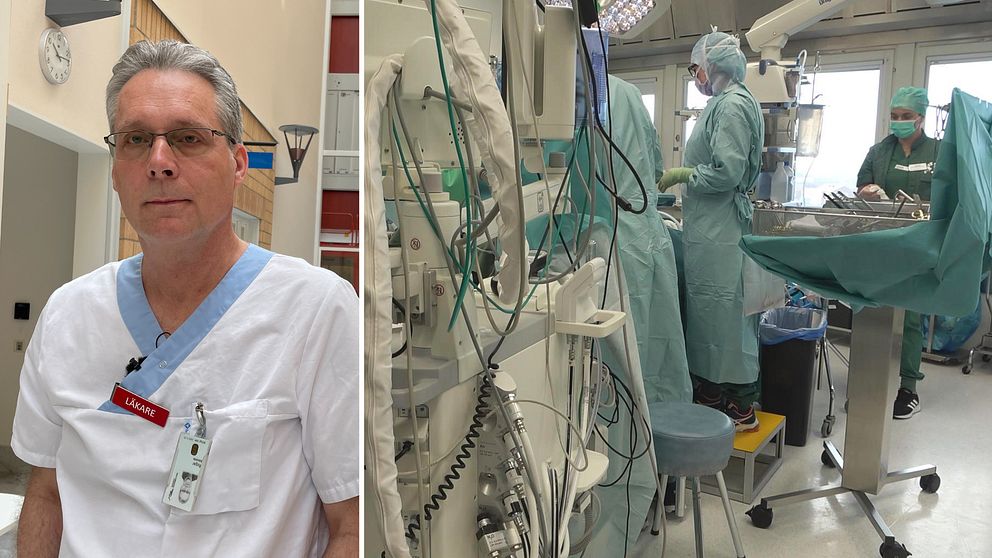 Två bilder. Till vänster: En man med grått hår och diskreta glasögon i läkarrock med en skylt som talar om att han är läkare. Till höger: en operationssal med tre stycken operationssköterskor.