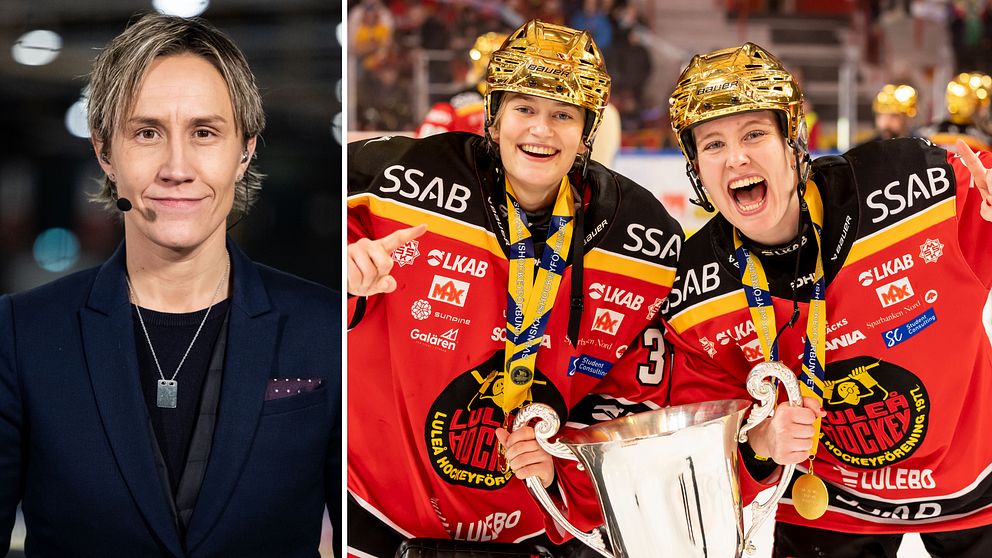 Maria Rooth och Luleåspelare som firar förra årets SM-guld.