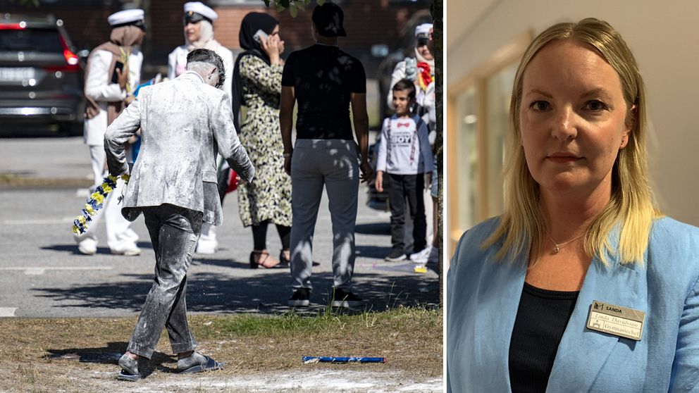 Kille som har blivit mjölad under studenten. Linda Davidsson till höger