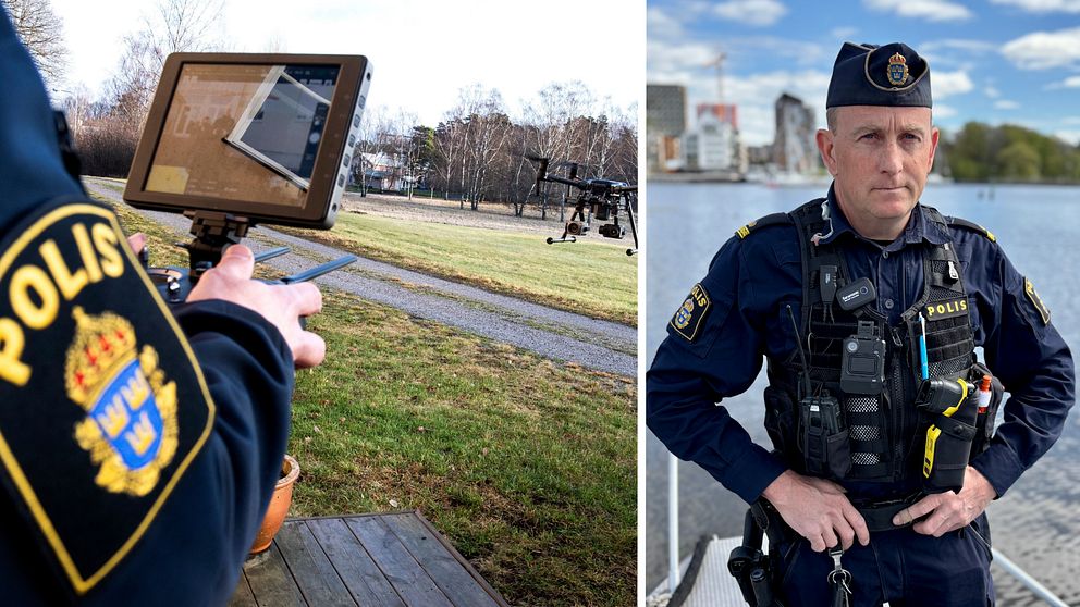 Delad bild. Till vänster: polis styr drönare utomhus. Till höger: polis står vid vattnet i Västerås.