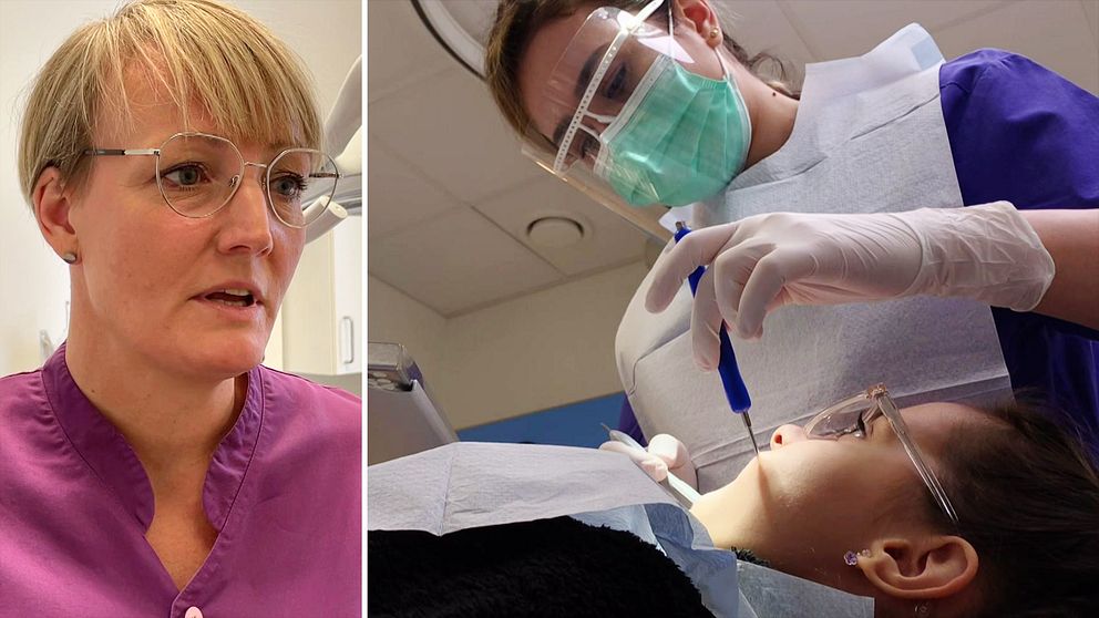 Tandläkare tittar i ett barns mun