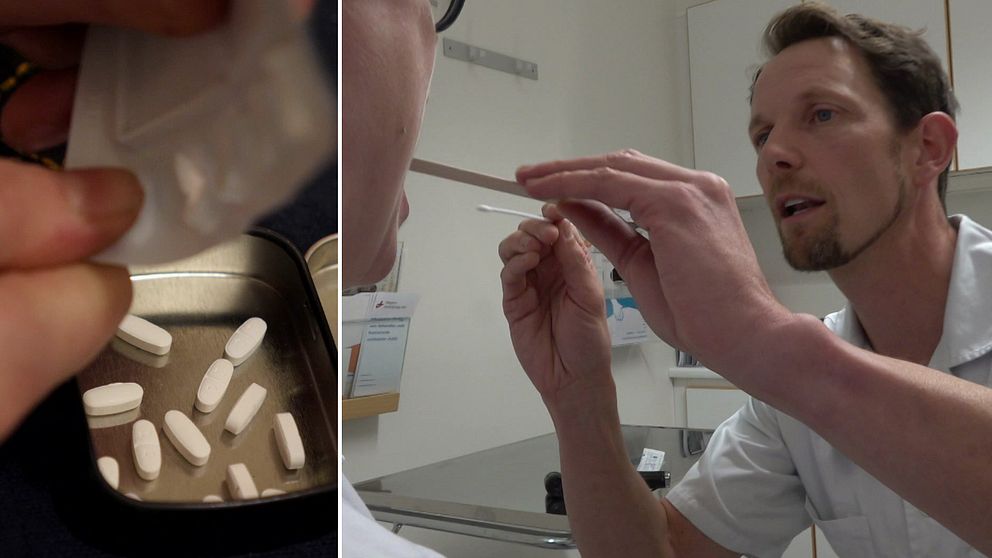 En delad bild som visar två scener. Den vänstra sektionen visar en hand som håller en plastförpackning med tabletter, där flera vita piller är synliga i en metallask. Den högra sektionen visar en person som utför en medicinsk procedur, där en pinne hålls i närheten av en annan persons mun. Bakgrunden ser ut att vara en medicinsk miljö.