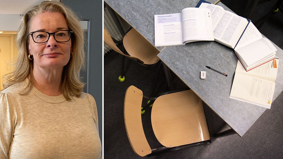 Skolminister Lotta Edholm på besök i Sundsvall och till höger en bild tagen ur ett fågelperspektiv på en skolbänk med skolböcker