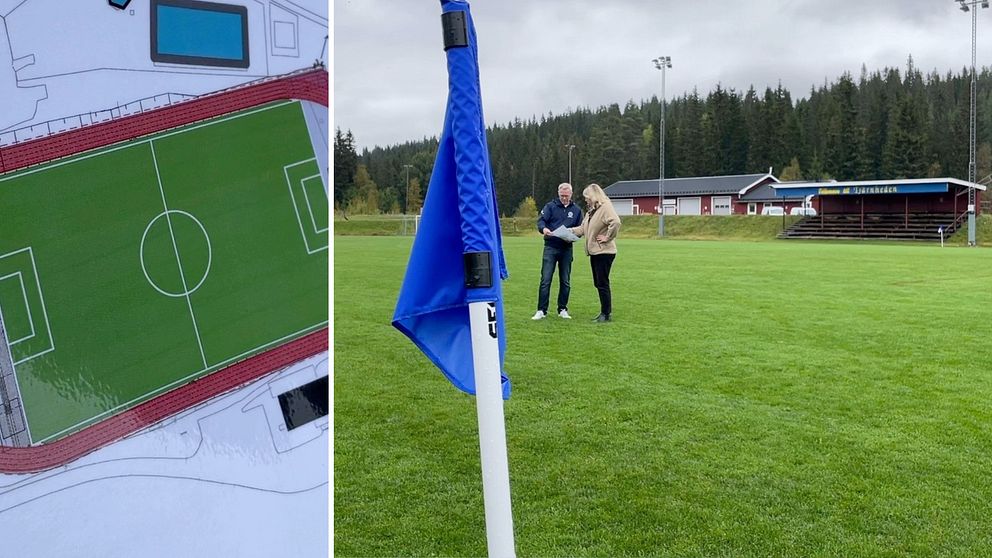 Delad bild – till vänster en bild på en karta som visar hur utbyggnationen av konstgräsplanen ska se ut söder om Sälen. Till höger en bild på två personer på en fotbollsplan som tittar på kartan.