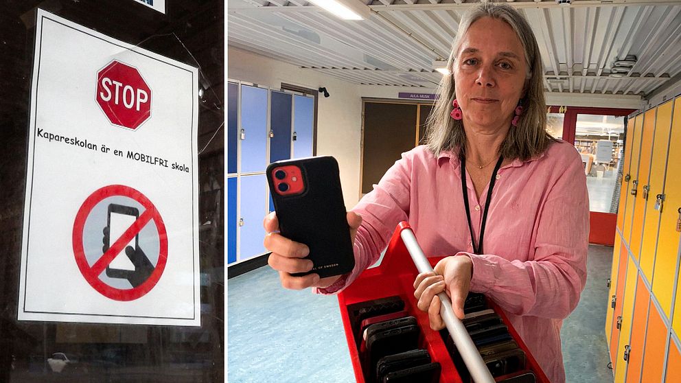 Bild på en rektor i en skolkorridor, hon håller upp en mobil.