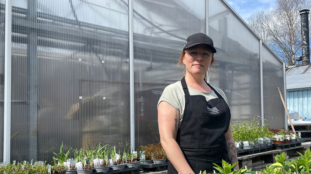 Ägare till en blomsterbutik står utanför sitt växthus