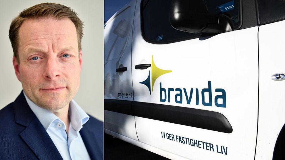 Bravidas koncernchef Mattias Johansson, till höger en bil med Bravidas logga