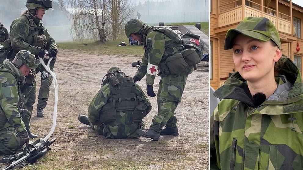 Hemvärnssoldaten Anna Lund och militära sjukvårdare.