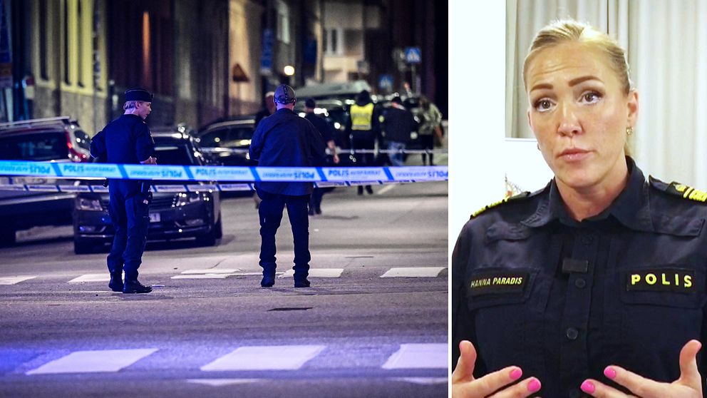 Poliser vid avspärrningsband vid mord i Vasastan i Stockholm