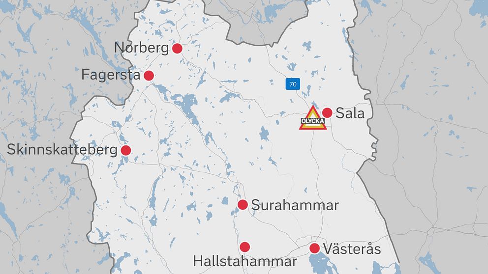 Karta över området kring Sala, med markerade platser som Norberg, Fagersta, Skinnskatteberg, Surahammar, Hallstahammar och Västerås, inklusive en varningssymbol vid Sala.