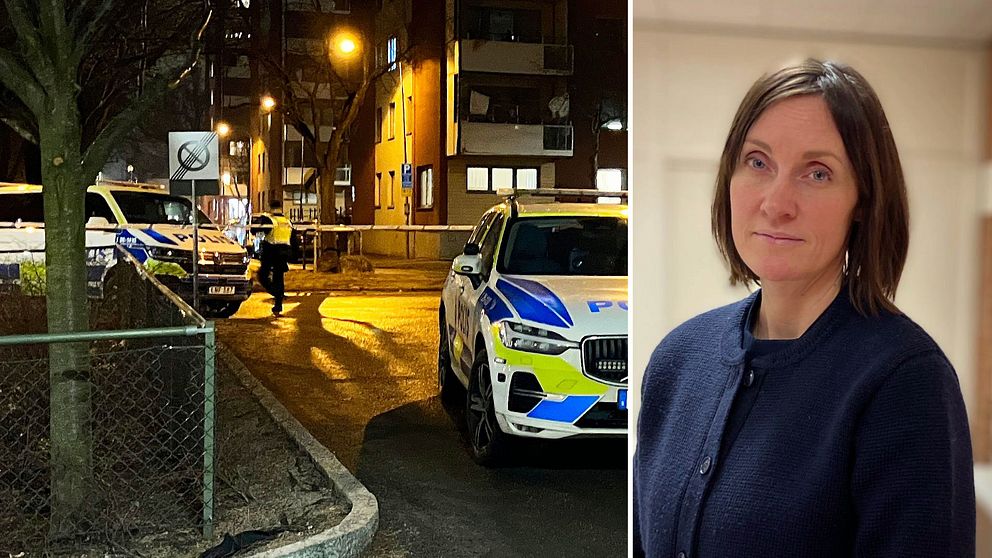 Två bilder. Ena på polisbilar och avspärrning den andra på åklagare Jenny Örn.