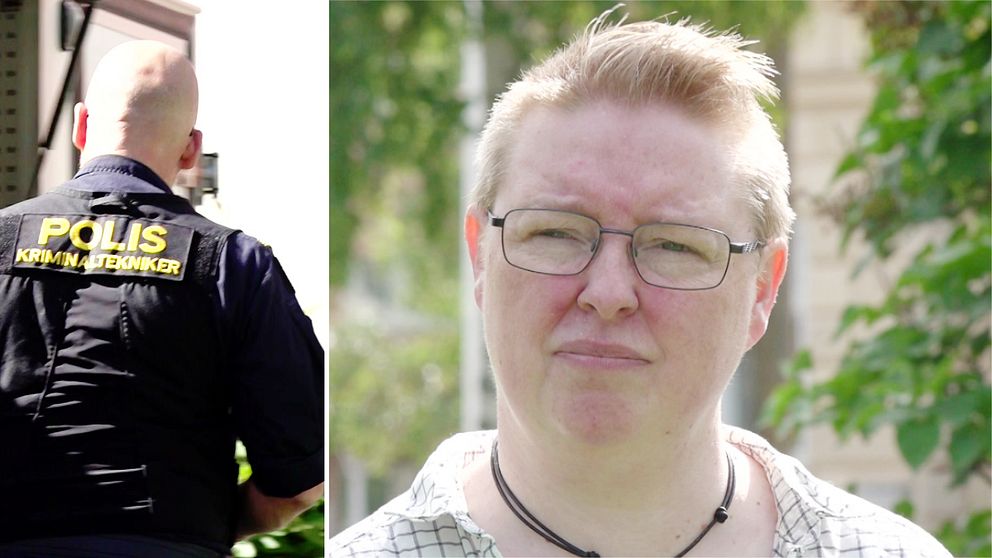 polis på brottsplats och Anna-Maria Hedberg, ordförande för Kvinnojouren Iris.