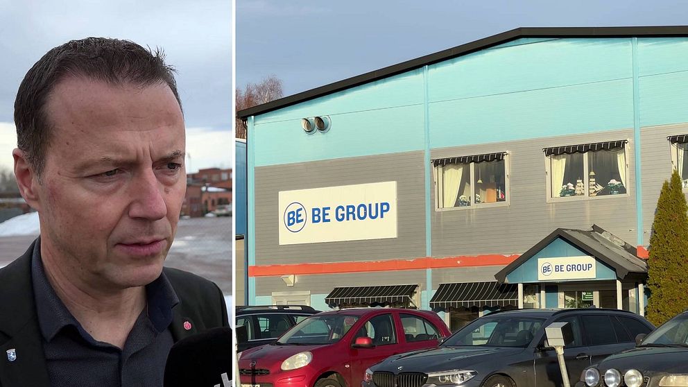 En delad bild med två sektioner: till vänster en porträttbild på kommunalrådet Peter Söderström, till höger en fasad av BE Group:s företag med sin logotyp synlig och parkerade bilar framför.