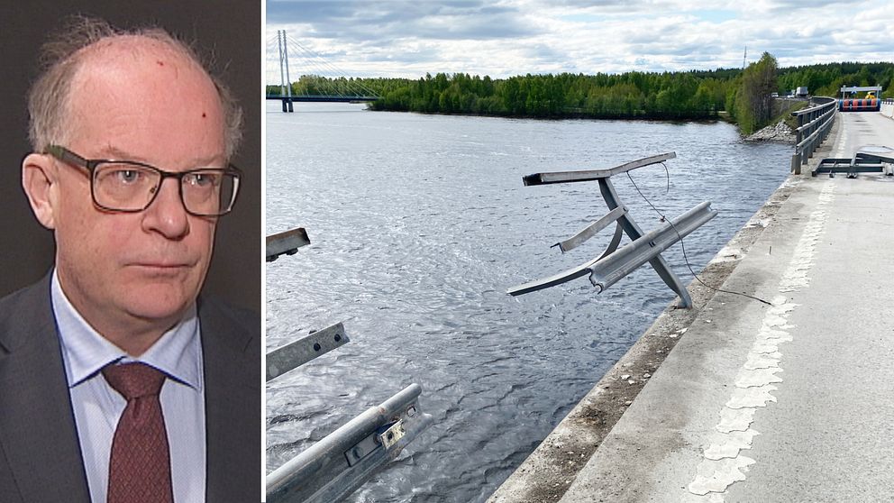 Bild på miljöåklagare Stig Andersson och det trasiga räcket på Bergviksbron i Piteå.