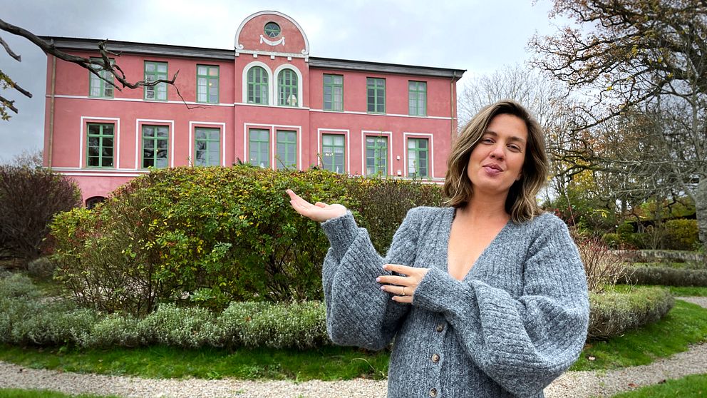 En person står framför en stor, rosa byggnad med flera fönster och en rund kupol på taket. I förgrunden finns en grönskande trädgård med buskar och stigar i grus. Himlen är grå och molnig, vilket ger en dramatisk bakgrund till scenen. Personen gestikulerar med ena handen åt byggnaden.