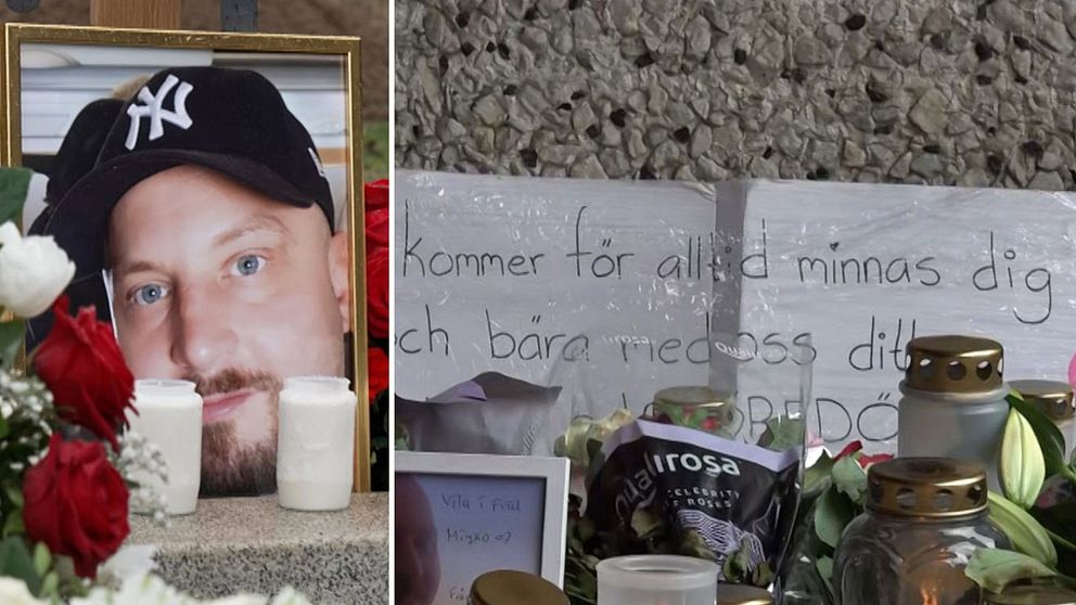 Mikael i Skärholmen, gravljus, blommor och ett meddelande på en lapp där det står ”Kommer för alltid minnas dig”