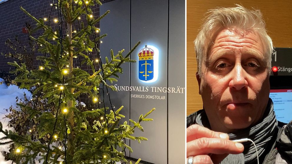 Entren till Sundsvalls tingsrätt med en julgran utanför. Även bild på reportern Patric Sellén.