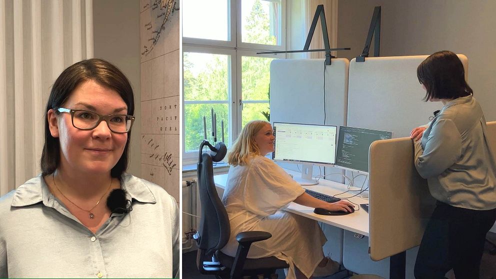 Bilden är delad i två. Till vänster syns AI-utvecklaren Lisa Westlund från Falun. Till höger syns två kvinnliga AI-utvecklare där den ena sitter framför sitt skrivbord medan den andra står bredvid.