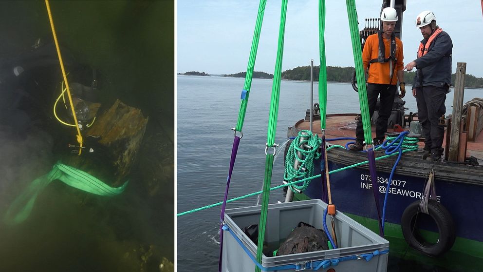 Tvådelad bild. Till vänster: undervattensbild av dykare vid tunna med osmundjärn. Till höger: Tunna med osmundjärn bärgas upp ur vattnet.