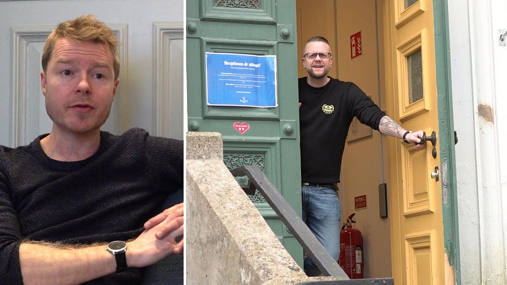 En man sitter och en står och tittar mot kameran.