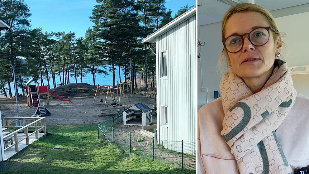 En delad bild som visar två scener. Den vänstra sektionen visar en lekplats med rutschkanor och gungor omgiven av träd och med utsikt över vattnet. Den högra sektionen visar en person klädd i en ljus scarf med ett monogrammönster, som står inomhus.