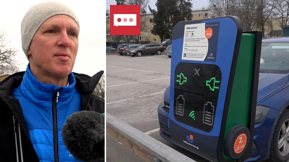 man med mössa och laddstation för elbilar