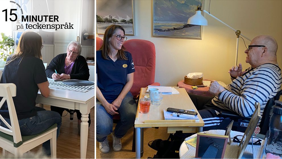 Till vänster en bild där undersköterskan Pernilla Lindkvist sitter vid ett köksbord mittemot Barbro Olofsson som skriver en handlingslista. Till höger syns undersköterskan Pernilla i en fåtölj i ett rum på ett äldreboende. Hon ler och tecknar med en gammal man, Ingvar Johansson, som sitter i fåtöljen mitt emot.