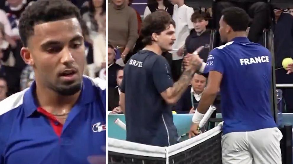 Tvådelad bild: Till vänster en person i en blå tröja med vit krage, till höger två tennisspelare klädda i landslagströjor, den ena står med ”BRASIL” och den andra med ”FRANCE” på ryggen, de skakar hand vid nätet efter en match.