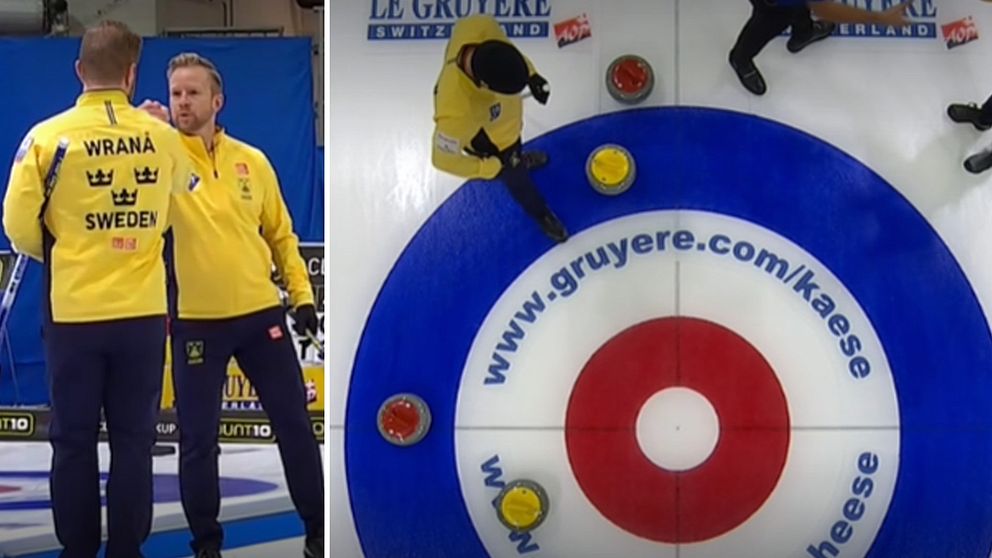 En delad bild som visar två scener från en curlingmatch. Till vänster ses två spelare som interagerar med varandra, iförda gula lagtröjor med texten ”Wrånå” och ”SWEDEN”. Till höger visas en översikt av curlingstenen på en isrink, där en röd och två gula stenar är placerade på den färgglada måltavlan.