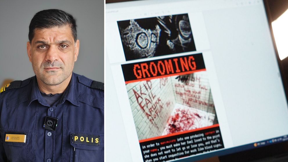 Polis i uniform och datorskärm med information om grooming och brottsutredning.