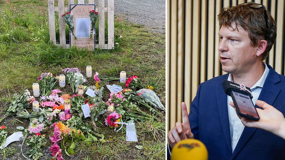 blommor vid mordplatsen till vänster och åklagaren till höger