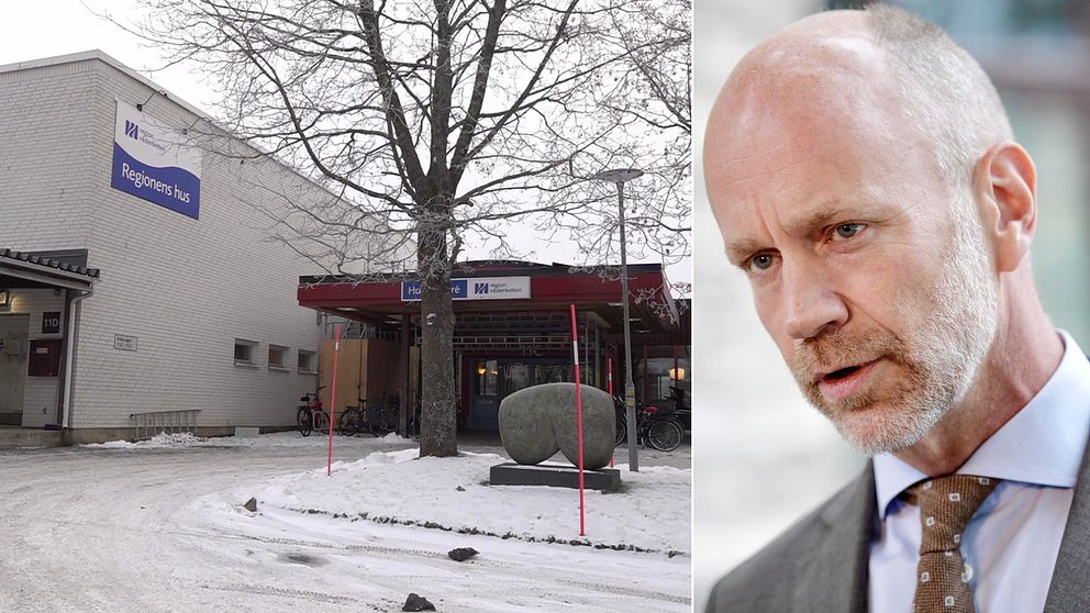 Delad bild. Fasaden på Regionens hus i Umeå med ett snötäckte utifrån och en porträttbild på advokaten Henrik Olsson Lilja iklädd slips och kostym.