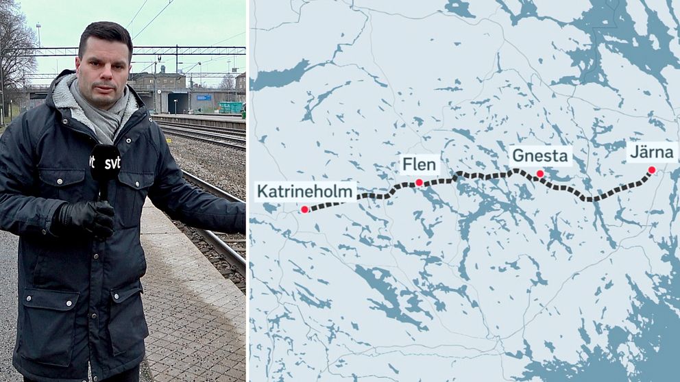 Reporter på perrong. Karta med olika stationer utmärkta.
