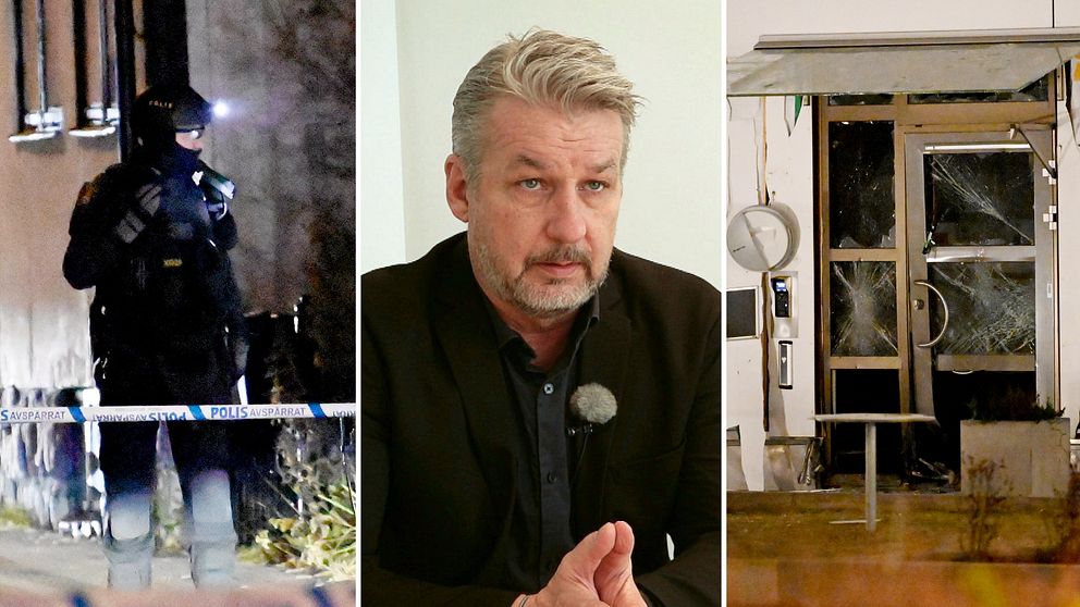 Tredelad bild. Vänster: polis vid brottsplats, höger: krossat fönster i ett rum.