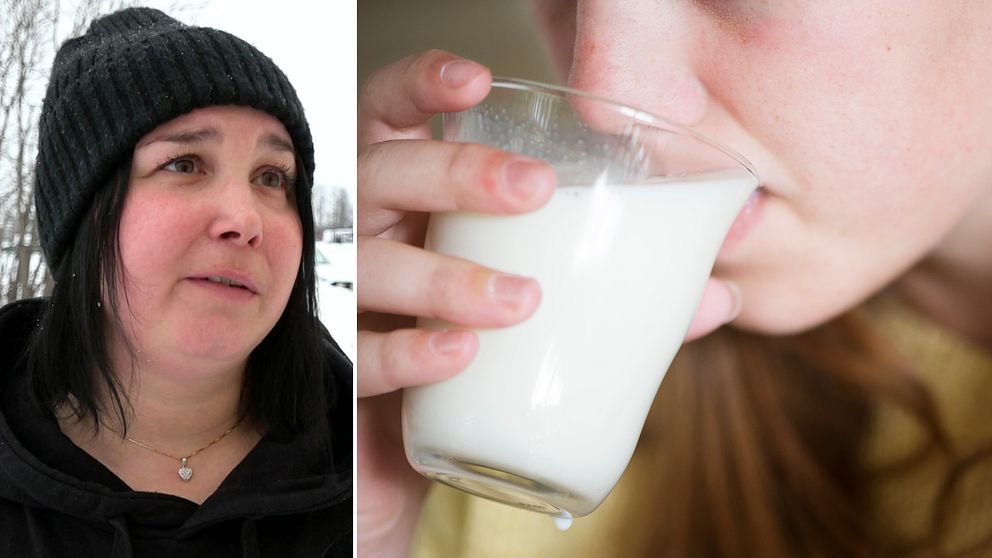 Föräldern Carolina Tapani i Kiruna och ett barn som dricker skolmjölk.
