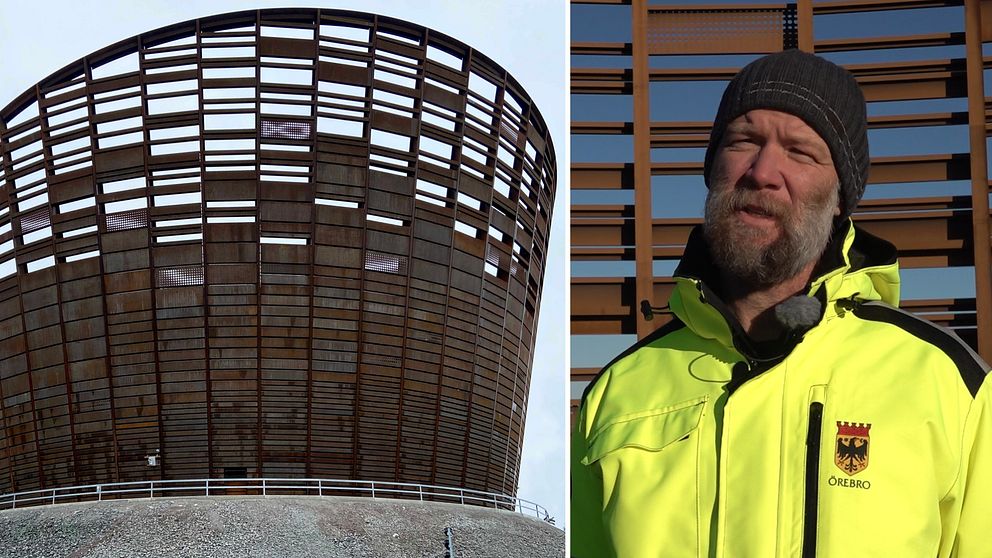 Tvådelad bild. Vänster: Kopparklädd byggnad. Höger: Person i gul jacka med kommunens logotyp.